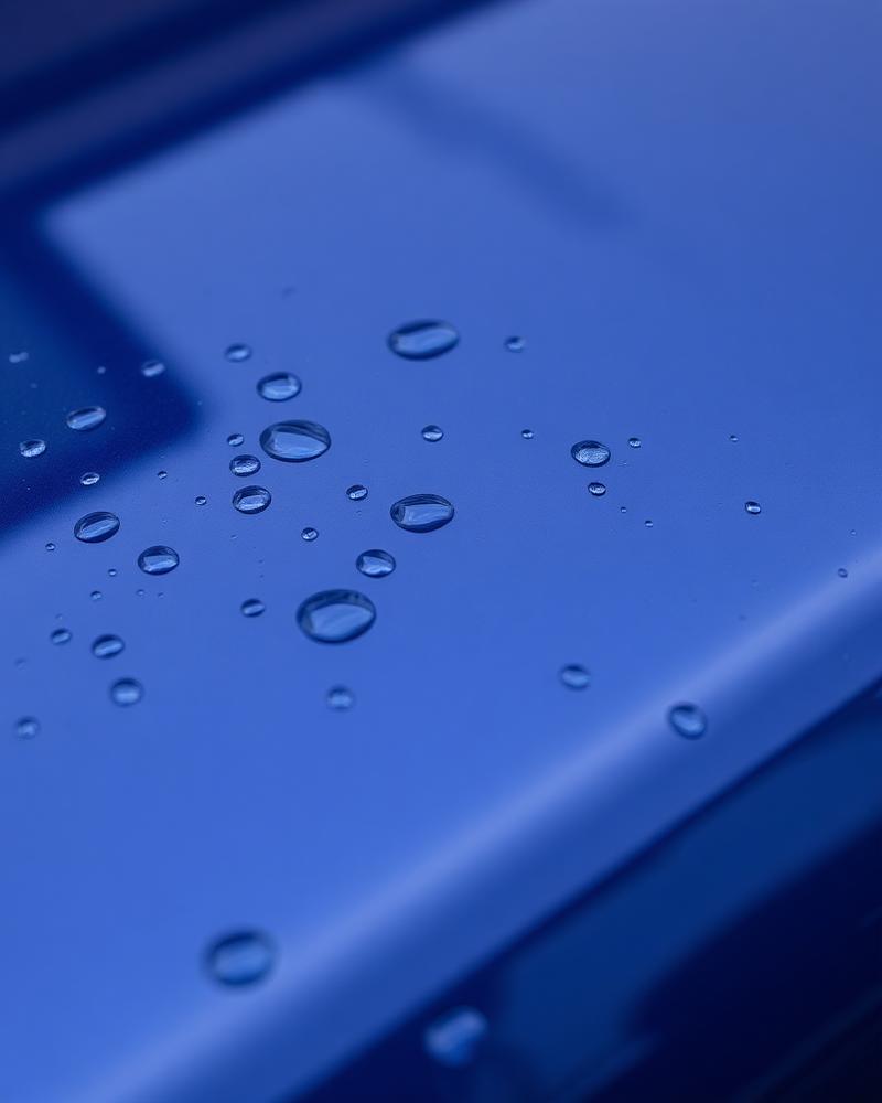 Water beading on a waxed blue car